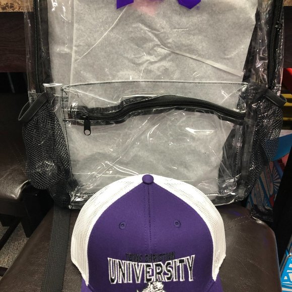 TCU Bundle Featuring New Hat (Adjustable) and New Clear Back Pack! Both w tags. - Picture 2 of 3